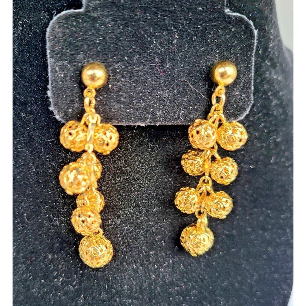 Goldtone Belly Dance Filigree Ball Cluster Drop Earrings 2 in